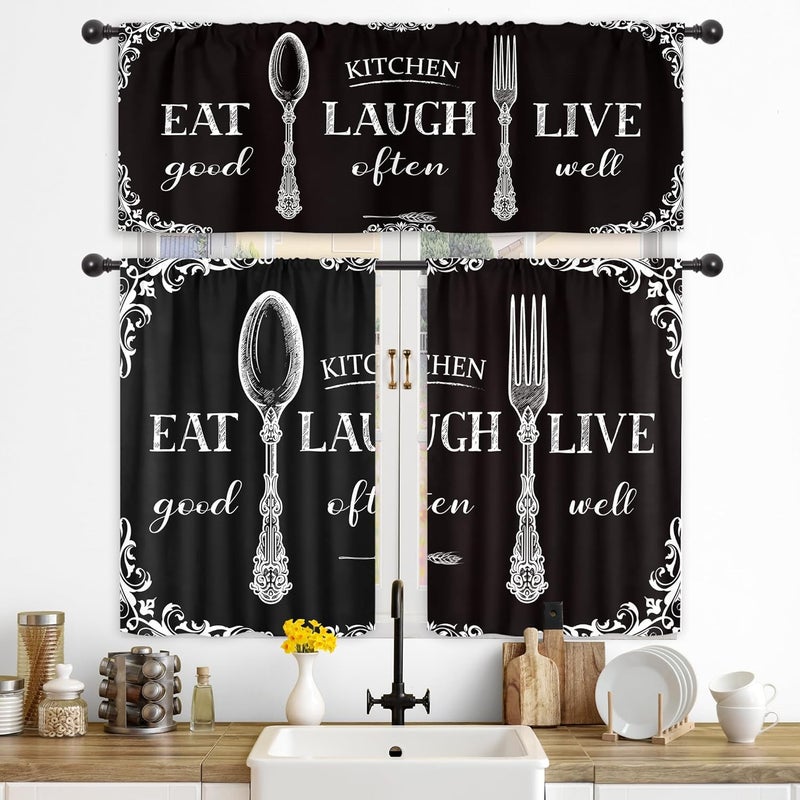 Riyidecor Black White Vintage Kitchen Curtains and Valances 3 Piece Set Rod Pocket 36 Inch Short Farmhouse Eat Good Laugh Often Live Well Funny Quotes Simple Bedroom Living Room Treatment Fabric - Image 5